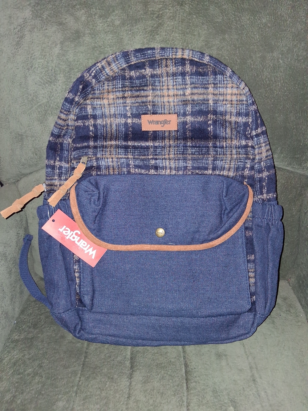 Wrangler Blue Denim Plaid Flannel Accent Backpack with Tan Trim
